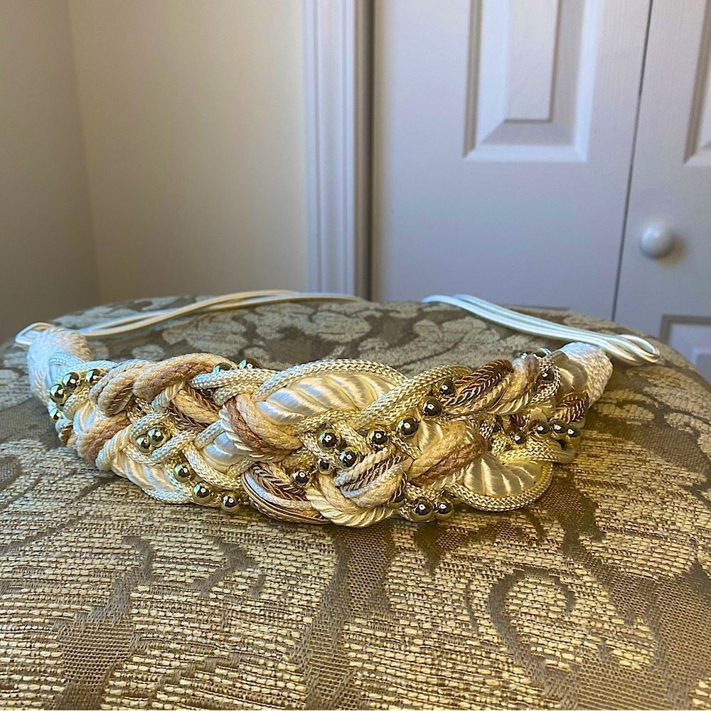 Vintage 80's rope braided belt L/XL Cream Tan Gold Size Large White Party